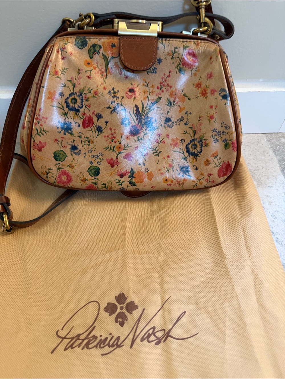 Patricia Nash Tan Floral Patent-Leather Shoulder Bag